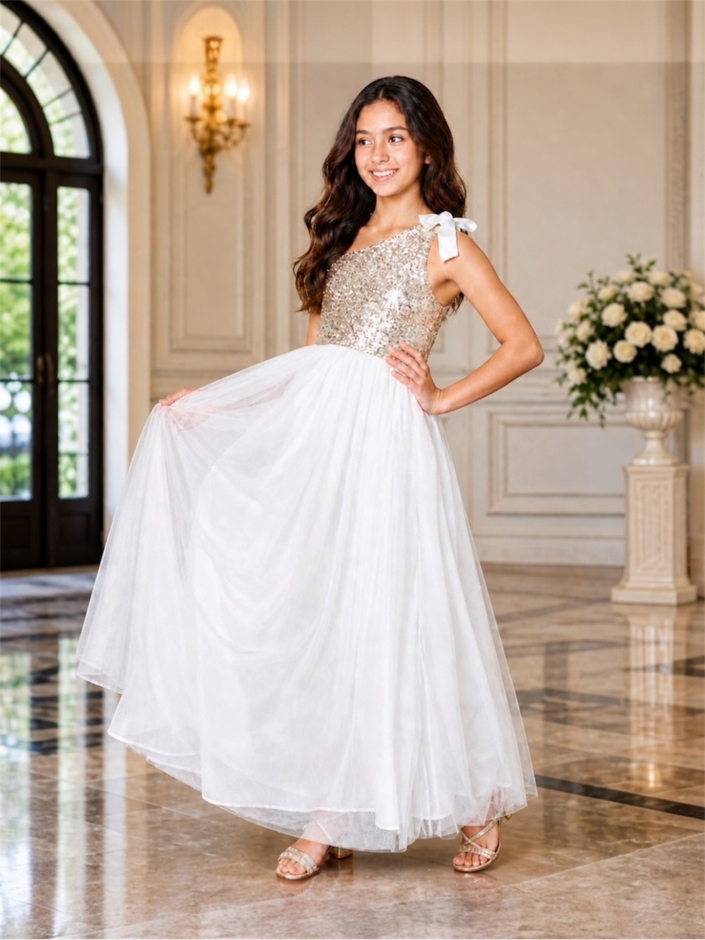 Poppies and Roses
Big Girls Size 14 One-Shoulder Sequin Bodice Ballgown